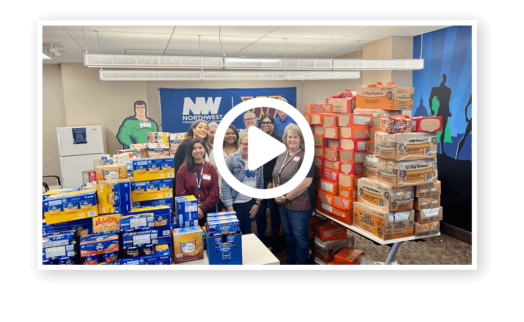 Video player thumbnail showing food drive donation collection and distribution to Northern Virginia youth.